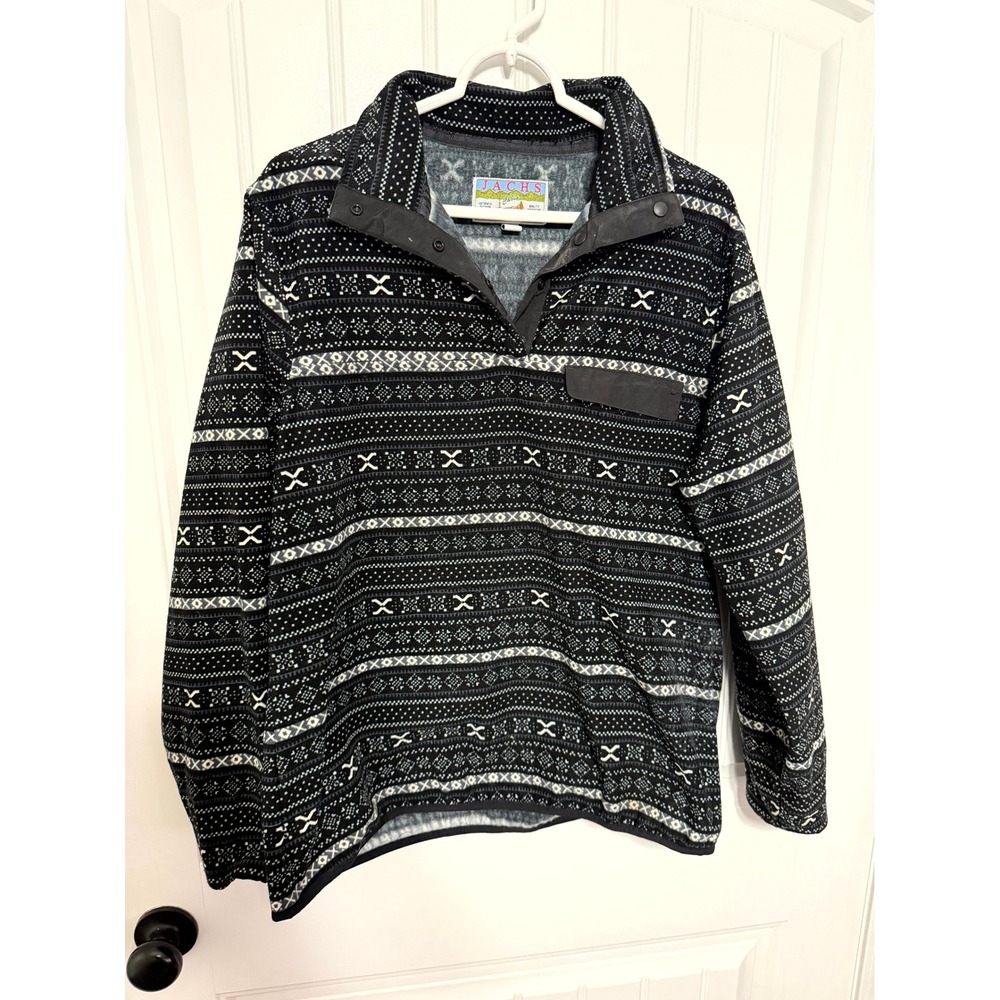 Jachs Fleece Pullover Mens Large Black Fair Isle Snap Mock Neck Cabin 6532